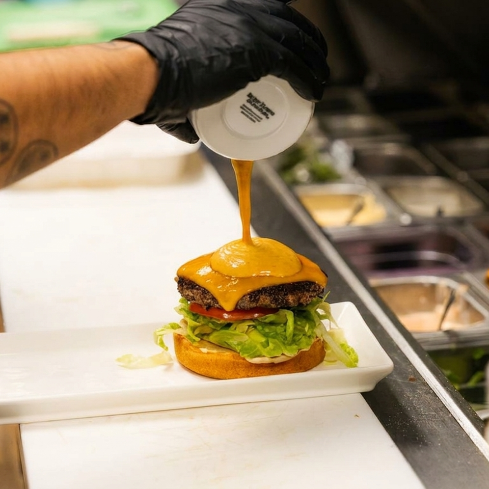 A chef in black gloves pours cheese sauce over a burger with lettuce and tomato.