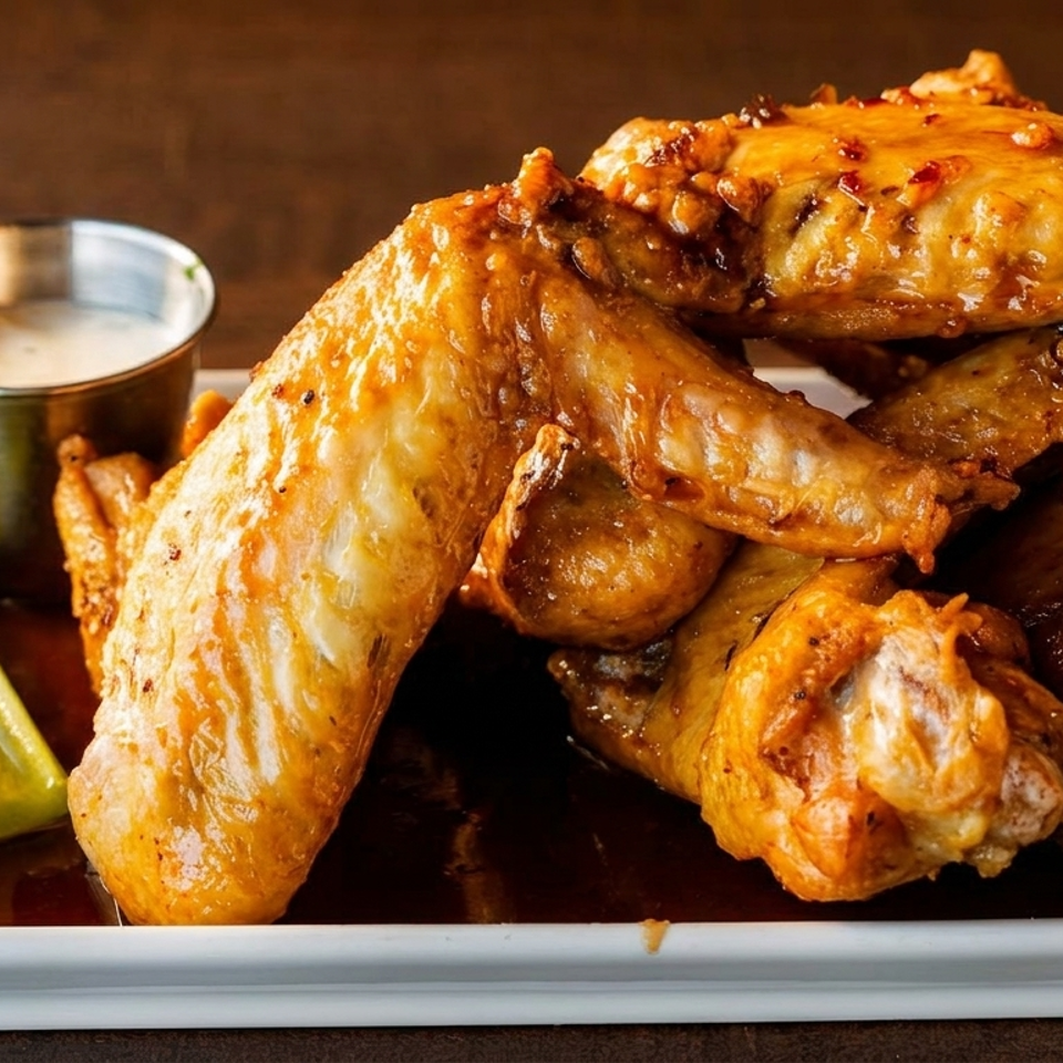 A plate of crispy chicken wings with lime wedges and a side of dipping sauce.