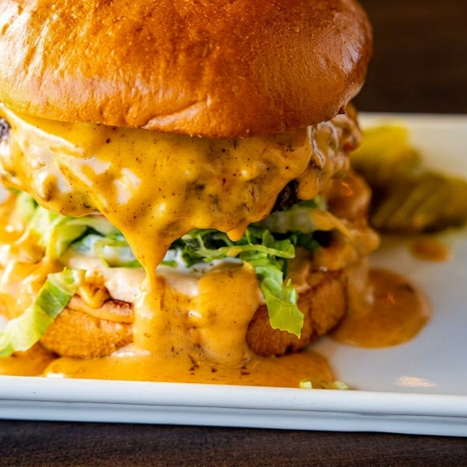 A juicy burger with melted cheese, lettuce, and sauce, served on a white plate with pickles.