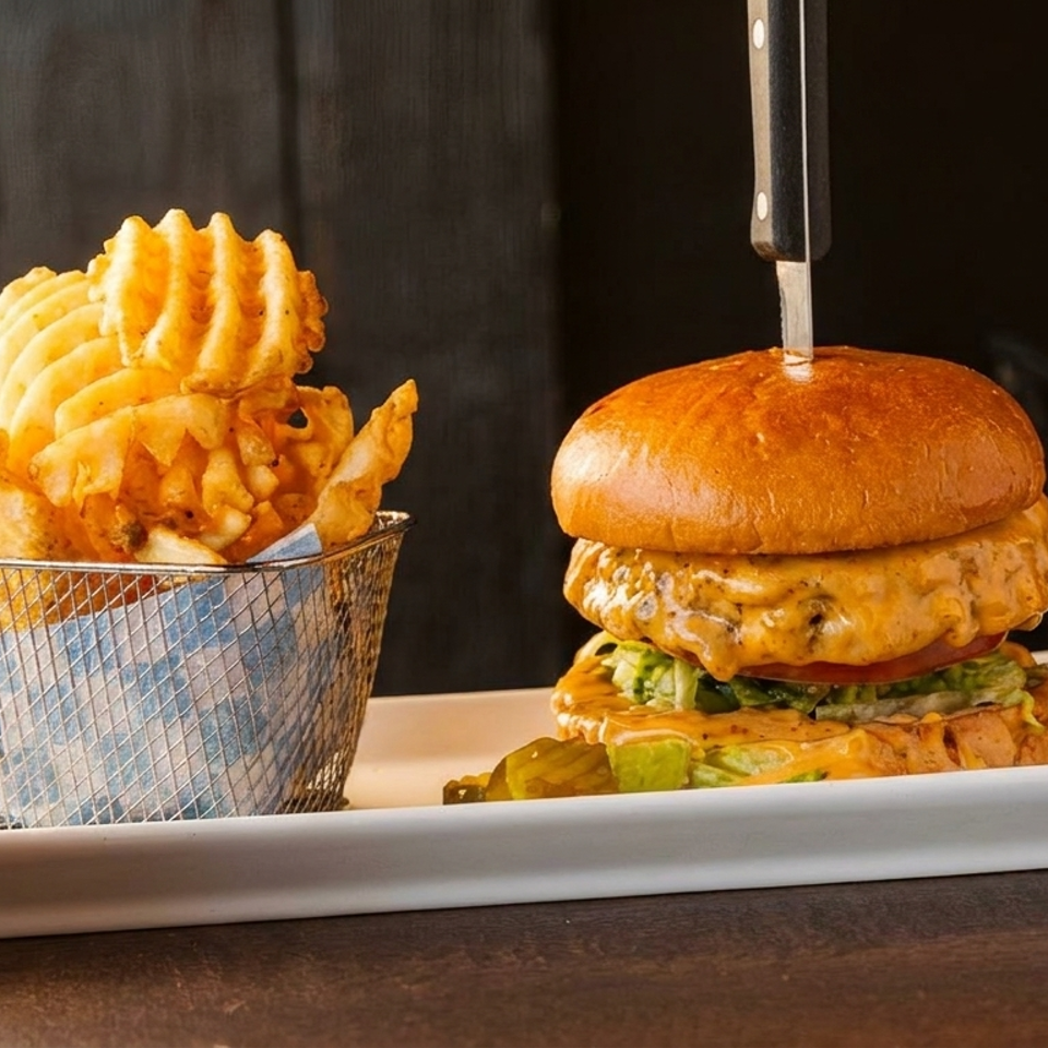 A cheeseburger with a knife through it, served with waffle fries in a metal basket.