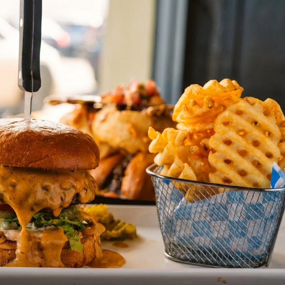 A juicy burger with melted cheese and lettuce, served with a side of waffle fries in a metal basket.