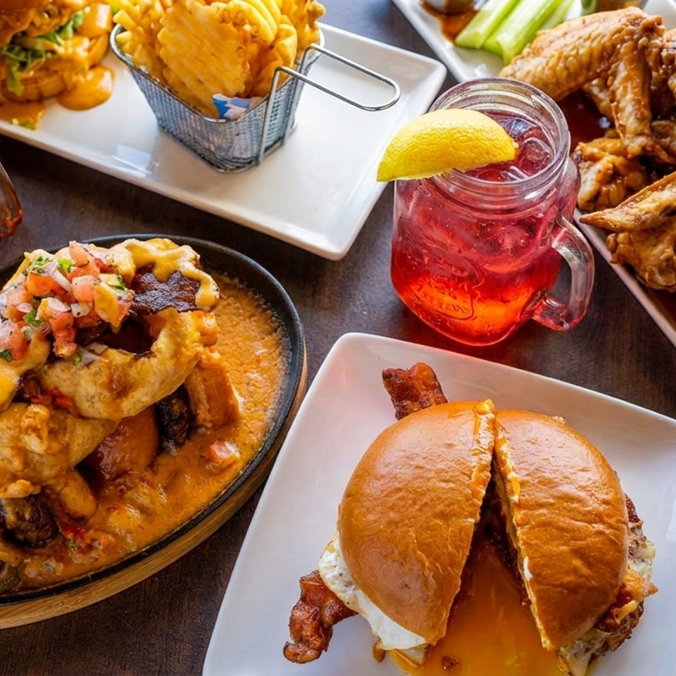 A table laden with various dishes including burgers, fries, chicken wings, and drinks.