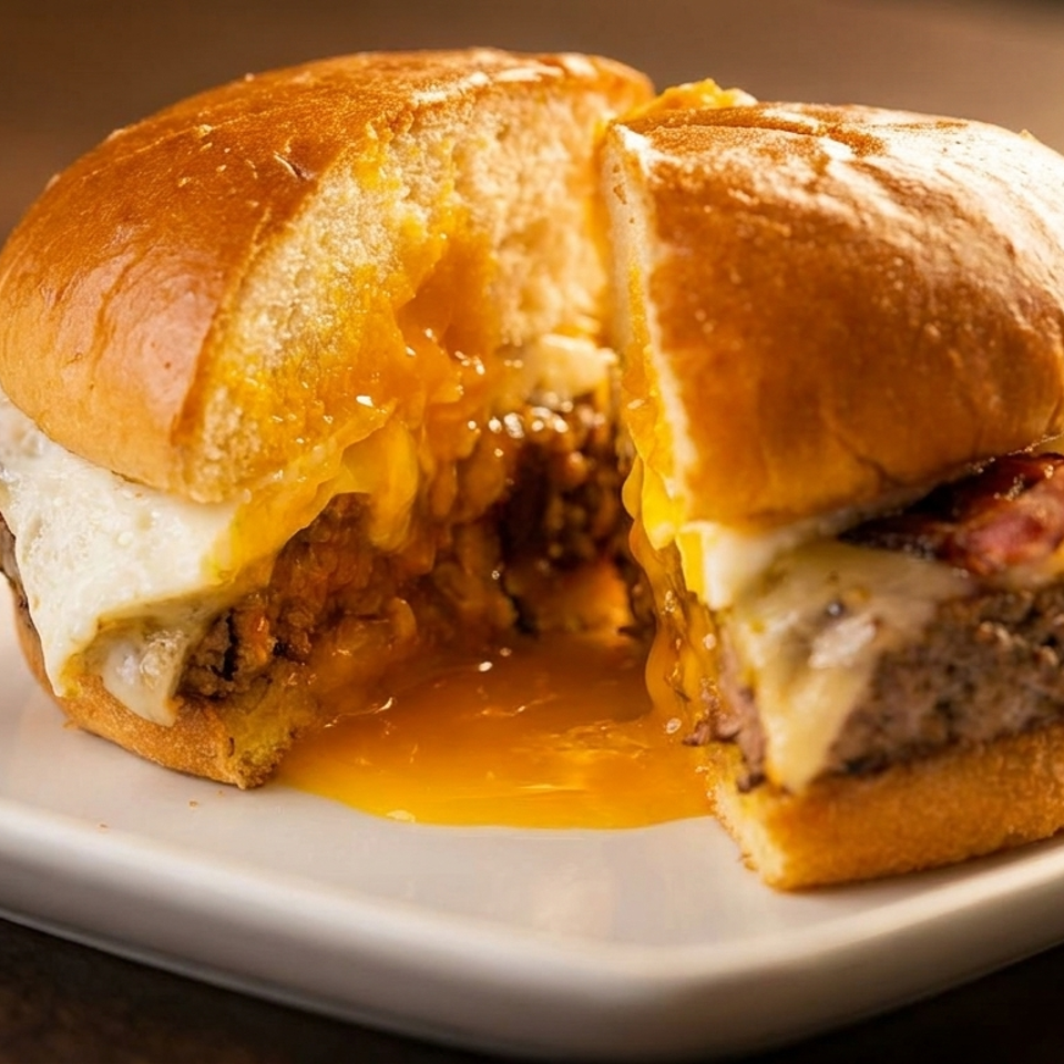 A cut-open burger with a runny egg yolk, bacon, and melted cheese on a white plate.
