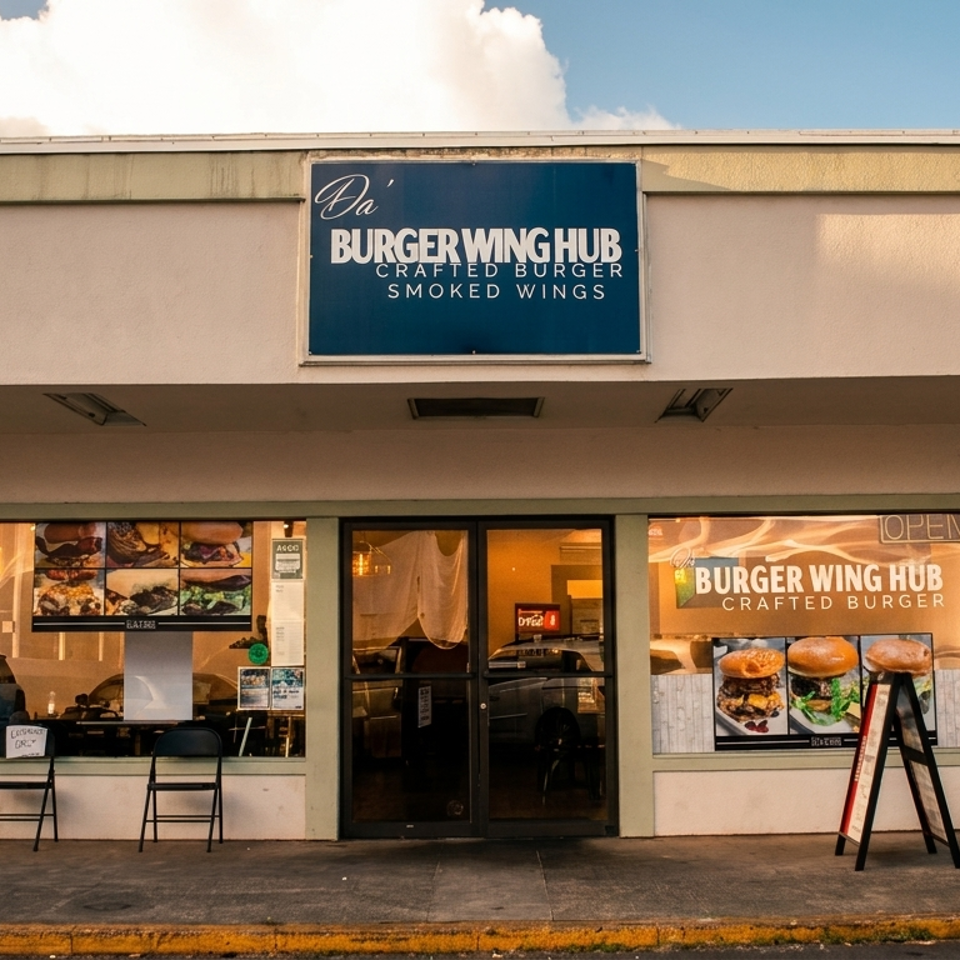 Exterior of Da' Burger Wing Hub restaurant with a blue sign and window displays of burgers and pizza.